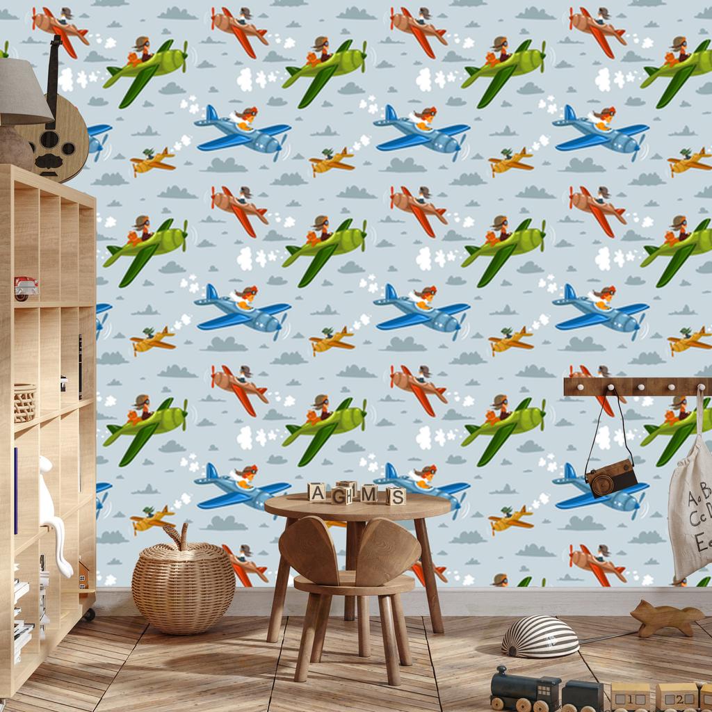 Children In Colorful Airplanes Wallpaper for Living Room and Bedroom 50x1000