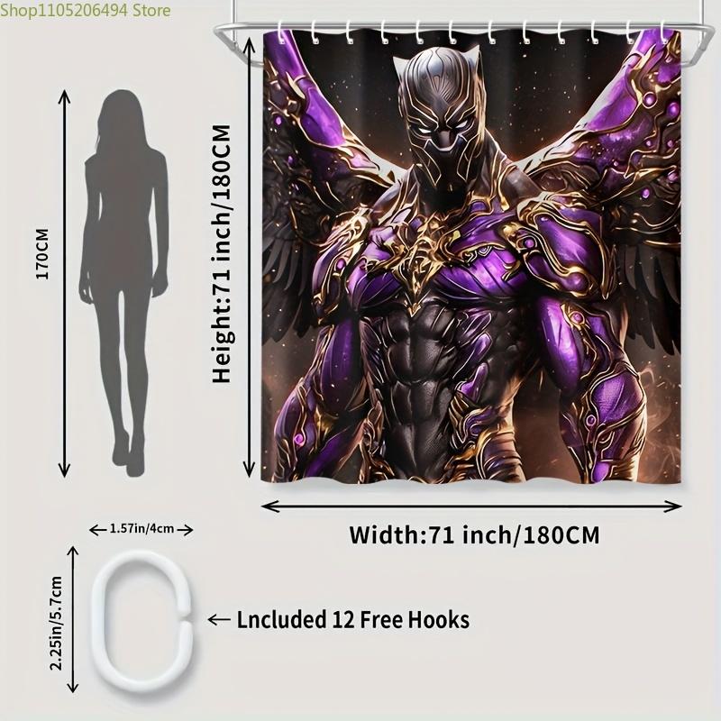 1pc Black Panther Shower Curtain - Polyester with Vibrant Purple & Golden Armor Design, Includes Hooks for Easy Installation,