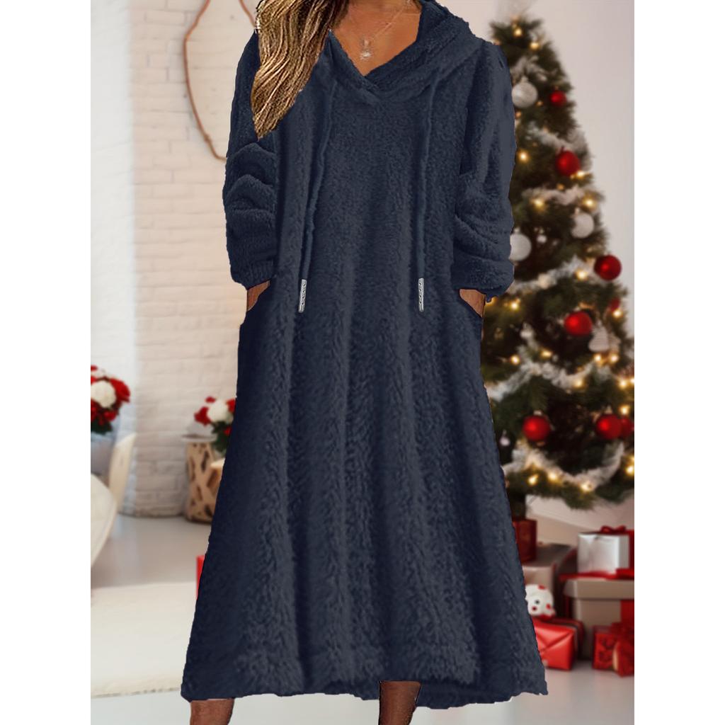 Women's Jumper Dresses V Neck Long Sleeve Sweatshirt Dress Fleece Oversized Hooded Pullover Dress with Pockets