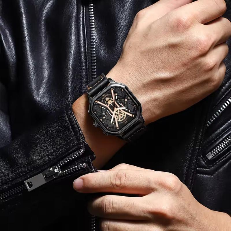 POEDAGAR Fashion Men Wristwatches Luxury Chronograph Luminous Waterproof Date Watch Square Dial Leather Quartz Watches