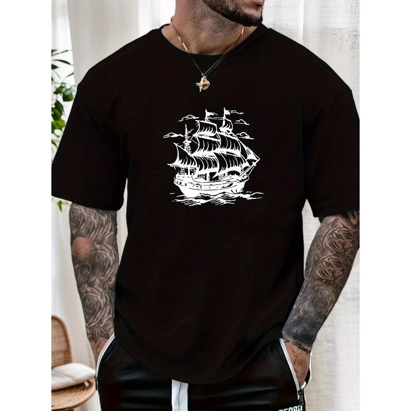Men S Background Sailboat Pattern Summer Casual Crew Neck Short T-Shirt S