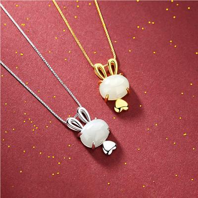 Oryginalny S925 Sterling Silver Natural Hetian Jade Śliczny Królik Wisiorek Światła Luksusowy Starszy Naszyjnik Kobiet Łańcuch Obojczyka