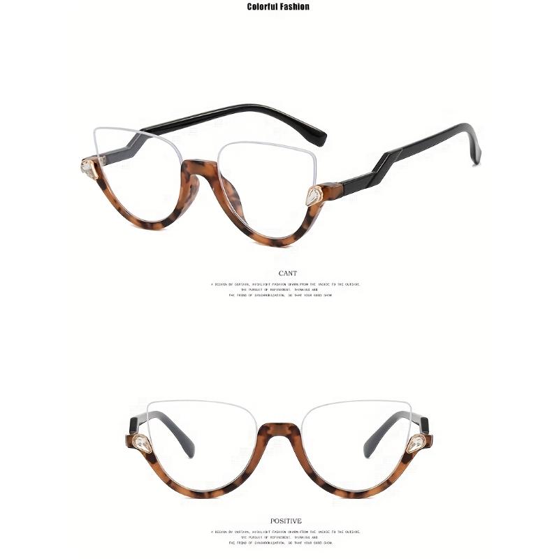 Man Women's Trendy Half Frame Cat Eye Glasses Fashionable Light Casual Glasses Diamond Studded Retro Flat Mirror