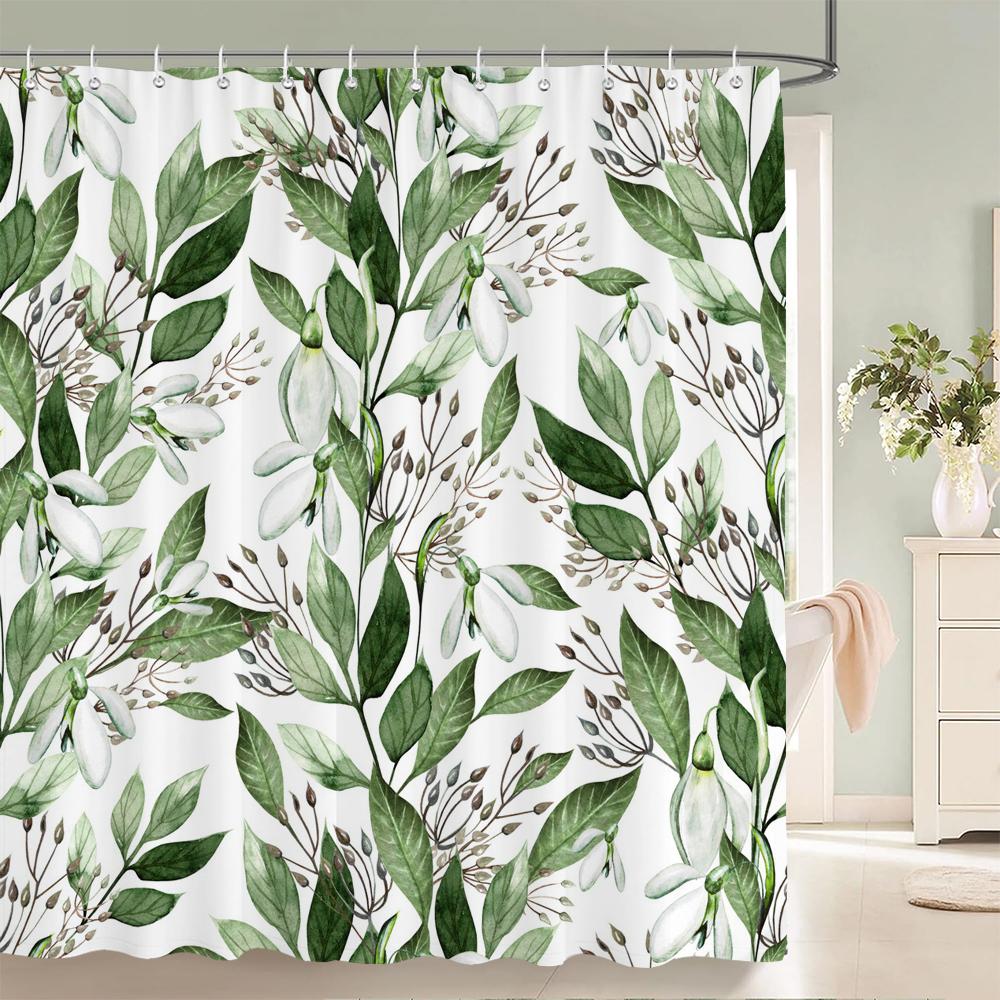 1 pack of Green leaf plant pattern polyester shower curtain bathroom partition curtain with hooks home decorative curtain