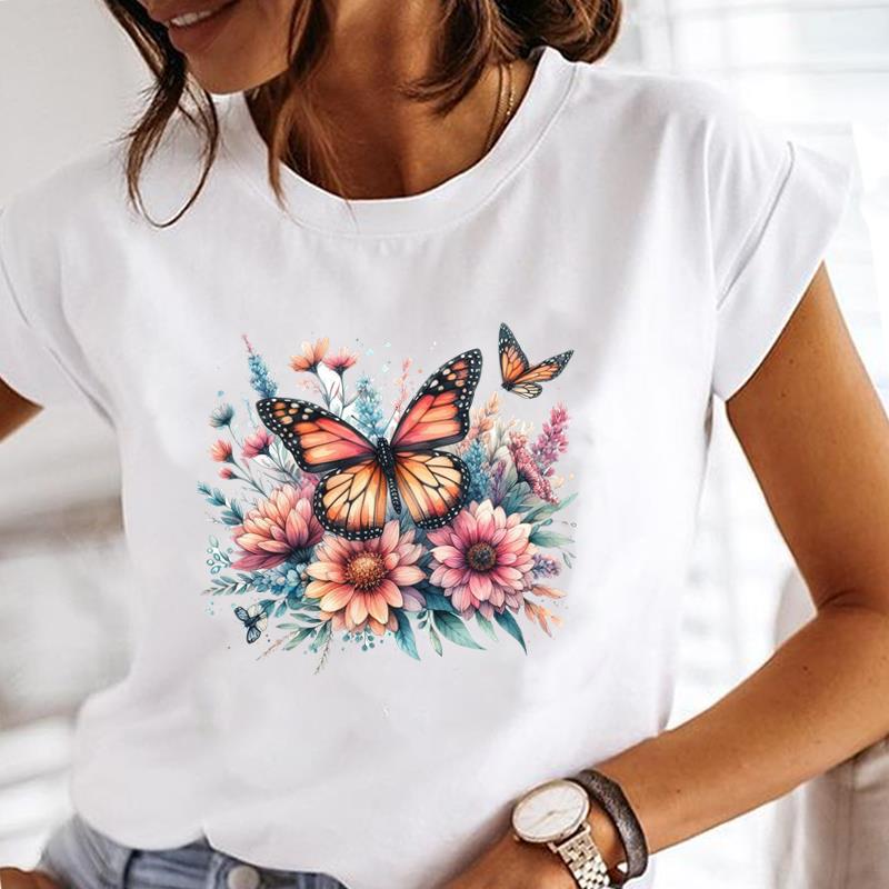 (Asian Size)  Tee Top Short Sleeve T Shirt cartoon butterfly style Women Clothing Casual Fashion Print Lady Female Graphic T-shirts