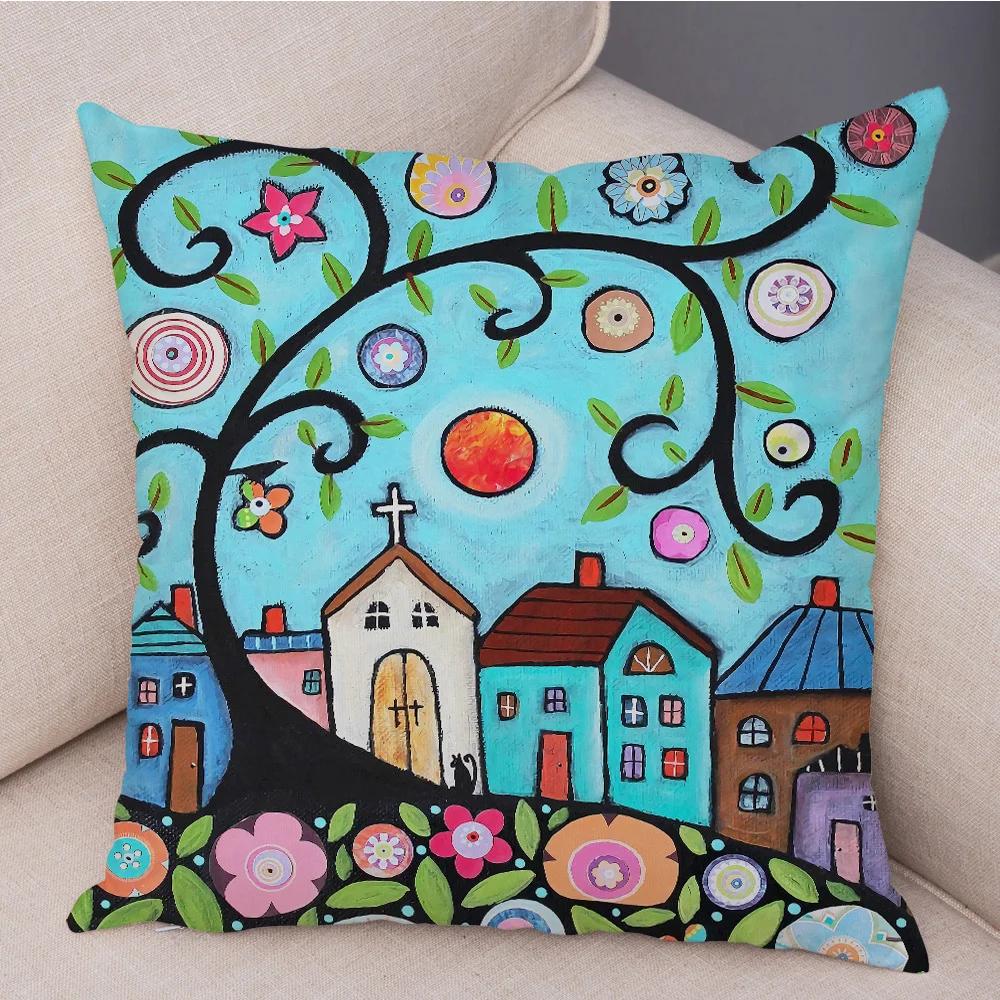 Retro Rural Color Cities Cushion Cover For Sofa Home Car Decor Colorful Cartoon House Pillow Case Tree Short Plush Pillowcase