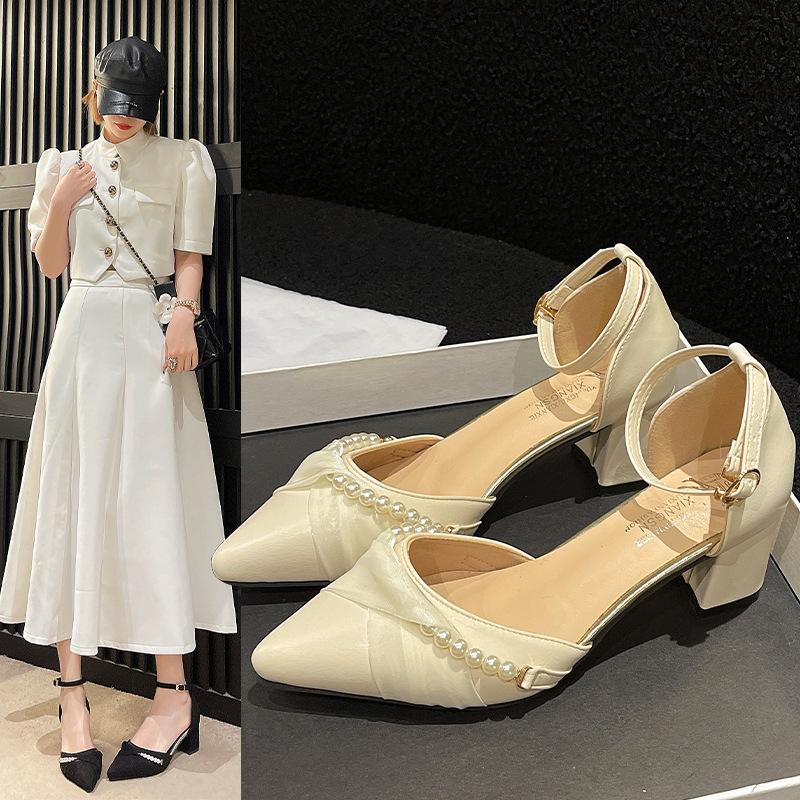 Baotou Sandals Women's Summer New Fairy Style Thick Heel Pointed Head Hollow Fashion Versatile with Skirt Single Shoes