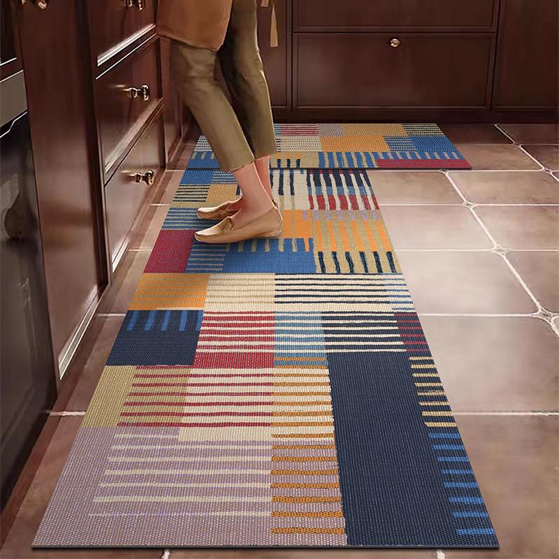 PVC Kitchen Carpet Waterproof Leather Floor Mat Oil-proof Non-slip Long Foot Mats Color Stripes Ethnic Style Home Decoration Rug