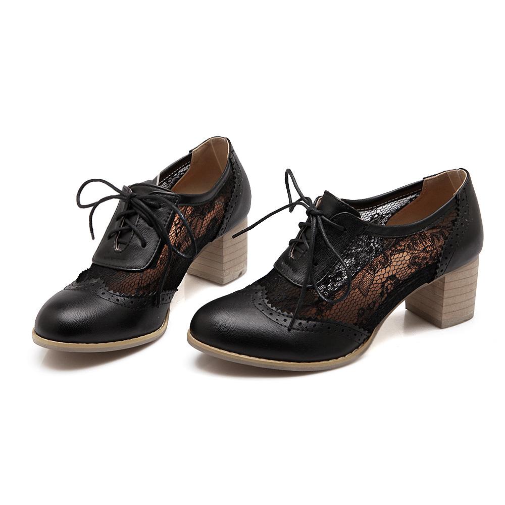 Женские туфли на толстом каблуке новые весенне-летние кружевные лоскутные туфли однотонные туфли большого размера на шнуровке 34 чёрный 4289₽