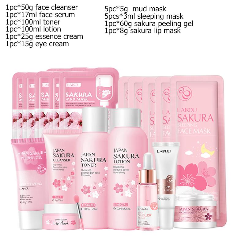 Sakura Oczyszczający Żel do Twarzy Koreańskie Serum do Twarzy Peeling Złuszczający Nawilżający Tonik Krem pod Oczy Krem z Filtrem Kosmetyki Zestaw do Pielęgnacji Skóry