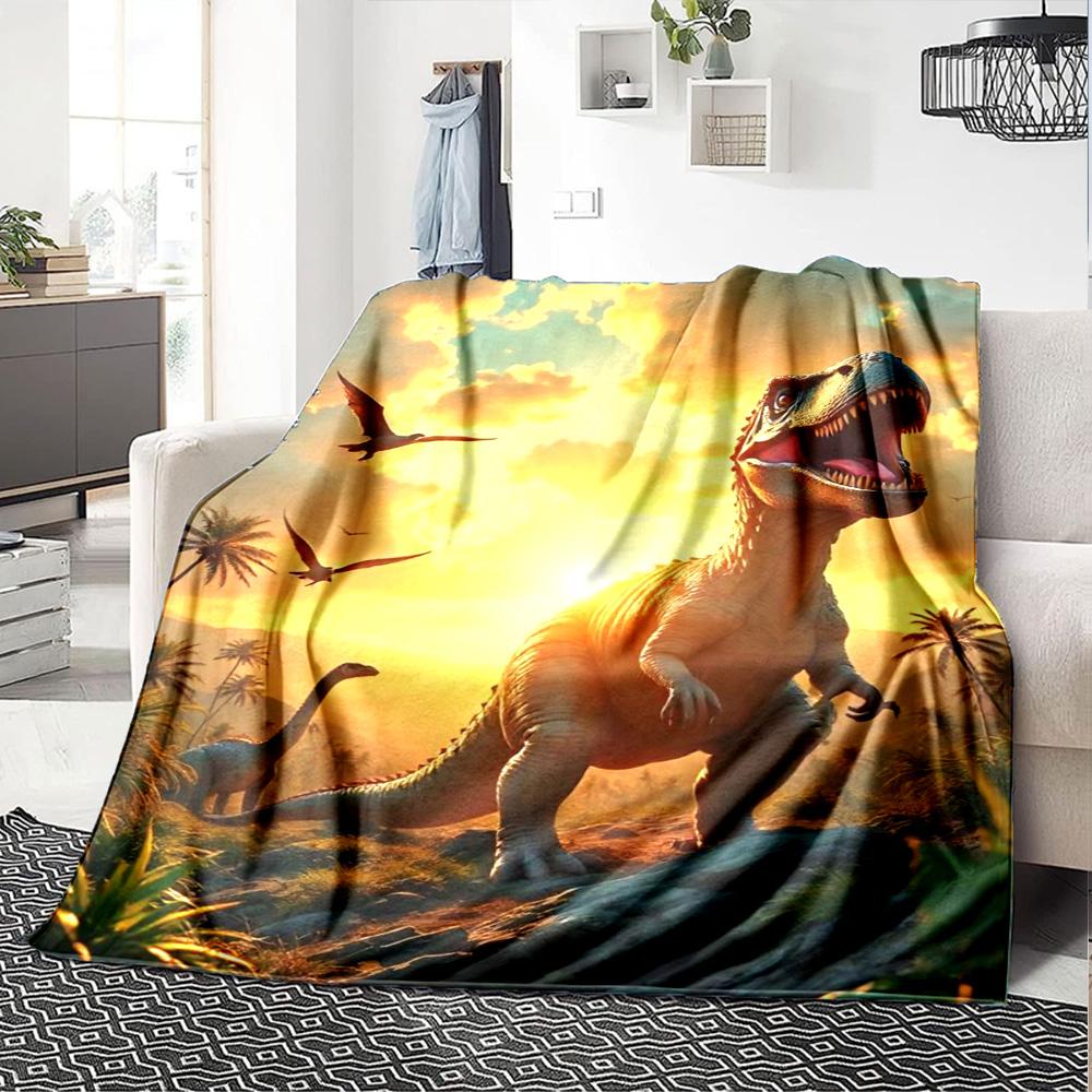 Sunset Valley T‑Rex Pterosaur Dinosaur Landscape Print Flannel Blanket Soft Warm Throw Blanket for Sofa Bed Living Room