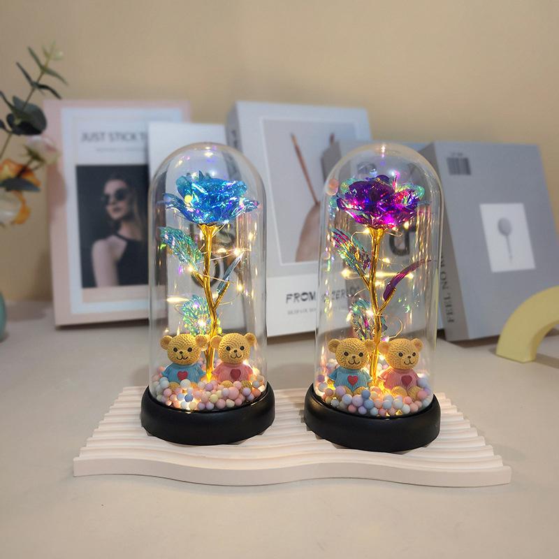 Lámpara de Cristal de Flor Eterna Cubierta de Plástico Luz Nocturna Flor de Simulación de Rosa con Oso Regalo de San Valentín para Novia