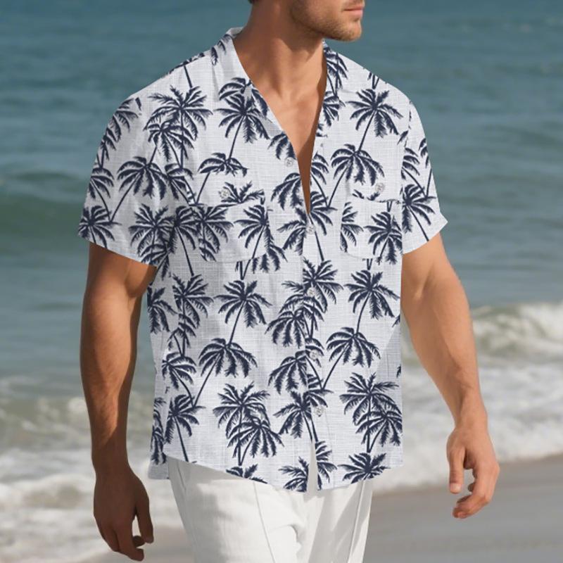 Men's Beach Short-Sleeved Shirt Coconut Tree Print Loose-Fit Holiday Shirt Men's