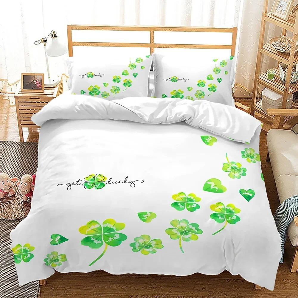 Lucky Green Leaves Duvet Cover King Queen Size Four Leaf Shamrock Clover Irish Culture Bedding Set Soft Polyester
