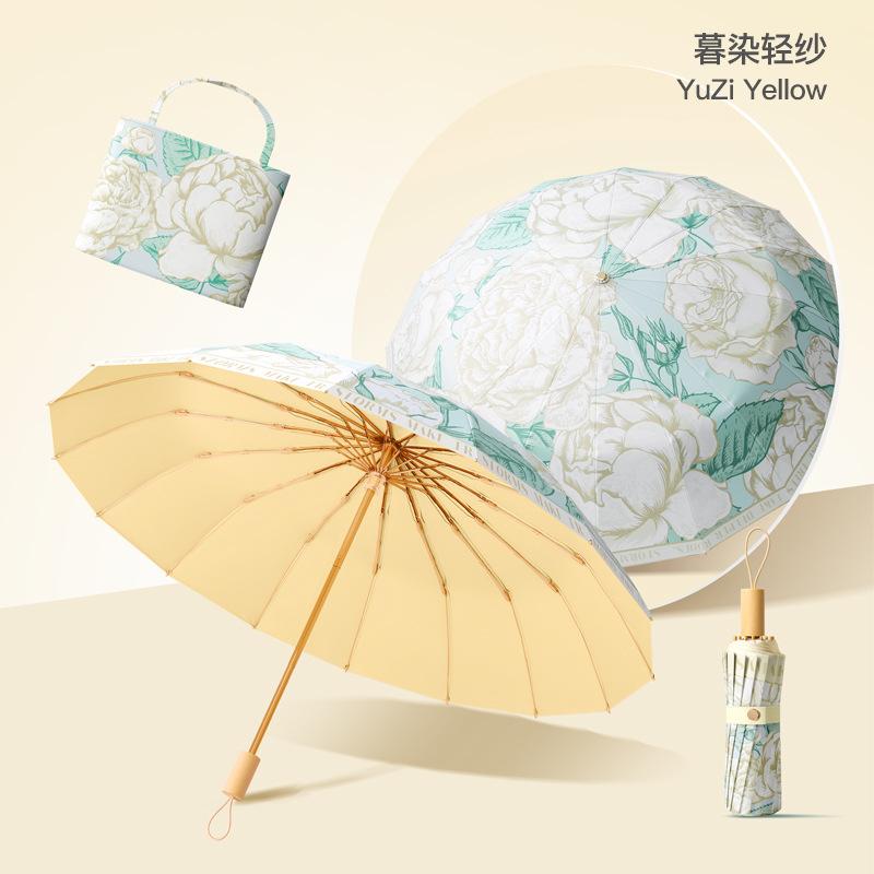 16-Bone three-fold hand-opened gold skeleton parasol, advanced sun umbrella, sun protection, sunny women's UV protection folding umbrella