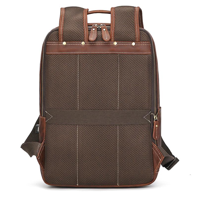 Retro Men's Crazy Horse Leather Backpack Laptop Backpack Leather Daypack Large Capacity Male Travel Backpack With USB Cable