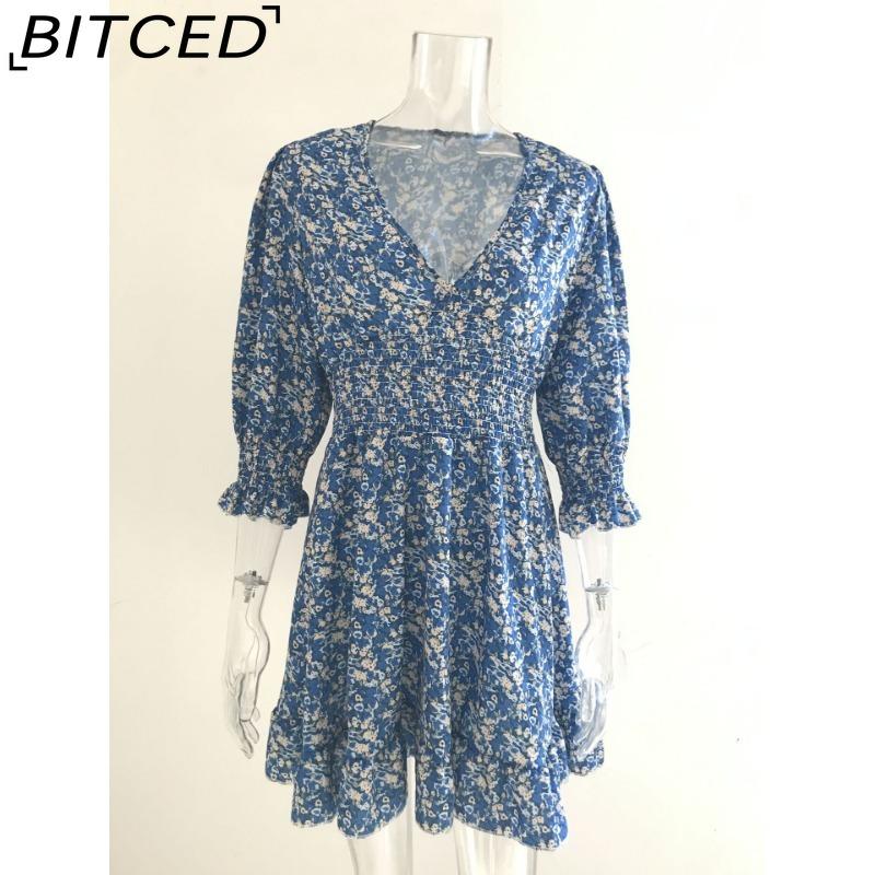 BITCED Summer Floral Print Mini Dresses Women Vintage Sexy A-Line V-Neck Half Sleeve Party Dress Female Casual Elegant Beach Dress