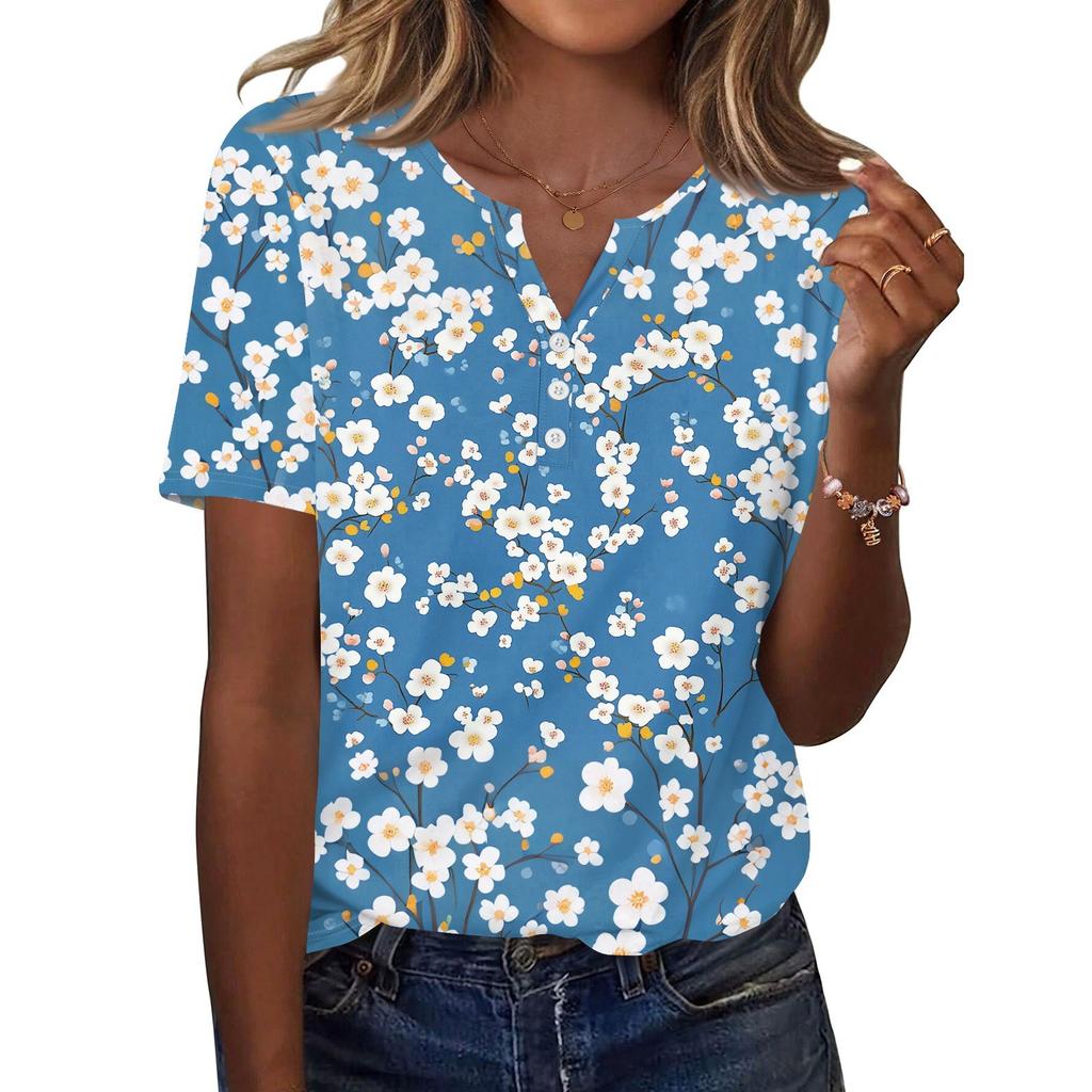 Women's T Shirt Print Button Short Sleeve Daily Weekend Fashion Basic V- Neck Regular Top