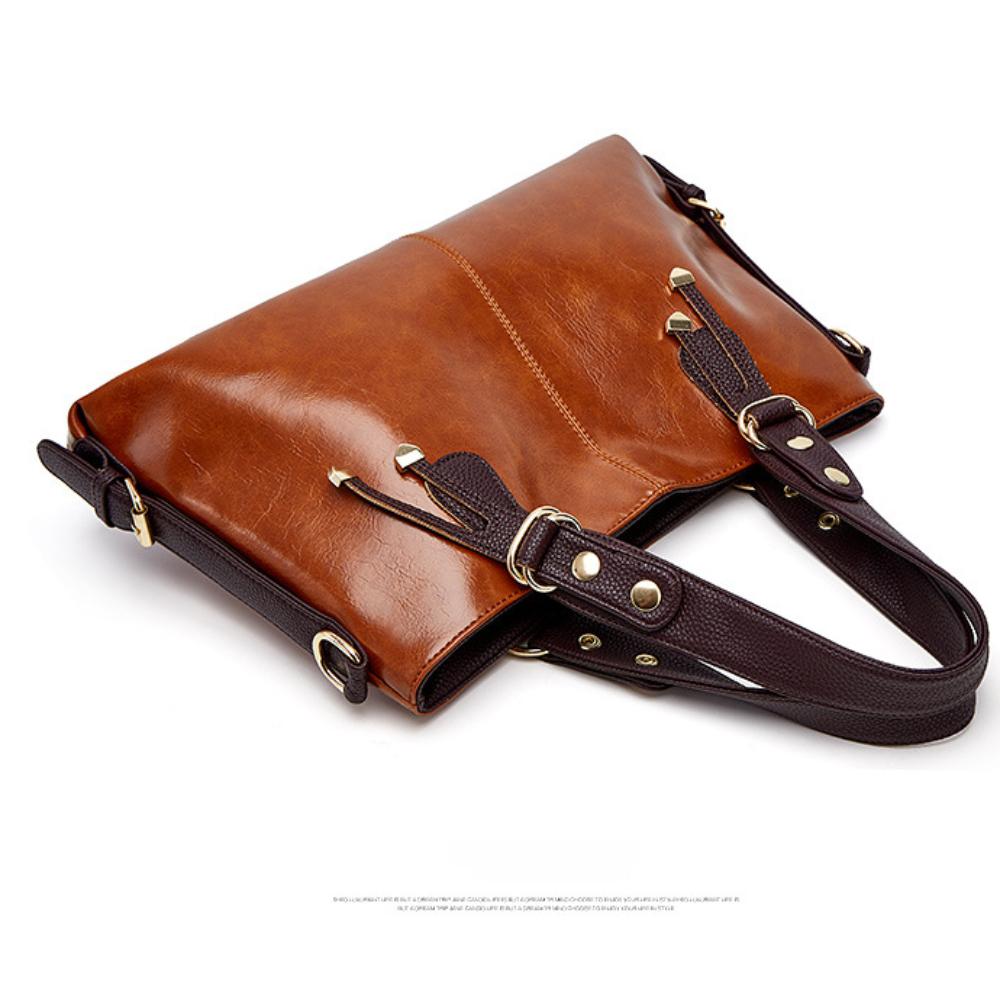 Retro Minimalist Atmosphere Large-Capacity Wide Shoulder Strap Solid Color Tote Bag Ladies' Fashion Multi-Layered Wax Oil Leather