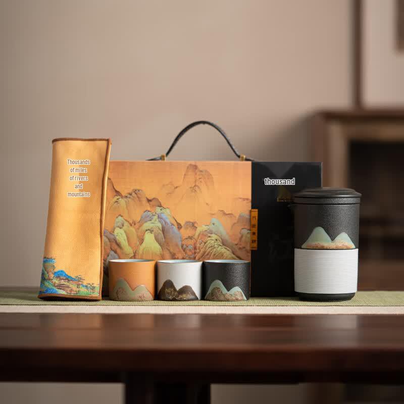 Sushih Ceramic Hand-Painted A Thousand Li of Rivers and Mountains Tea Set