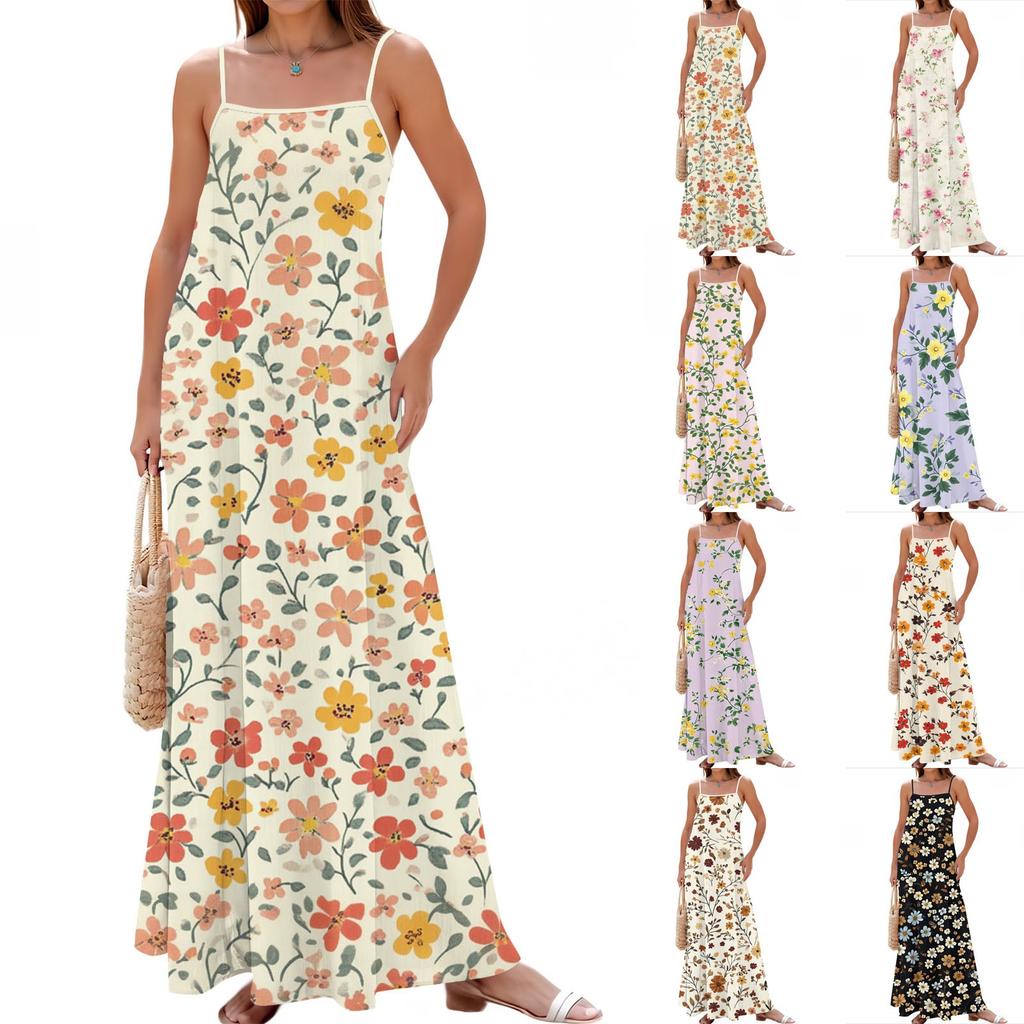 Women's Spring And Summer Casual Fashion Adjustable Suspender Printing Long Dress