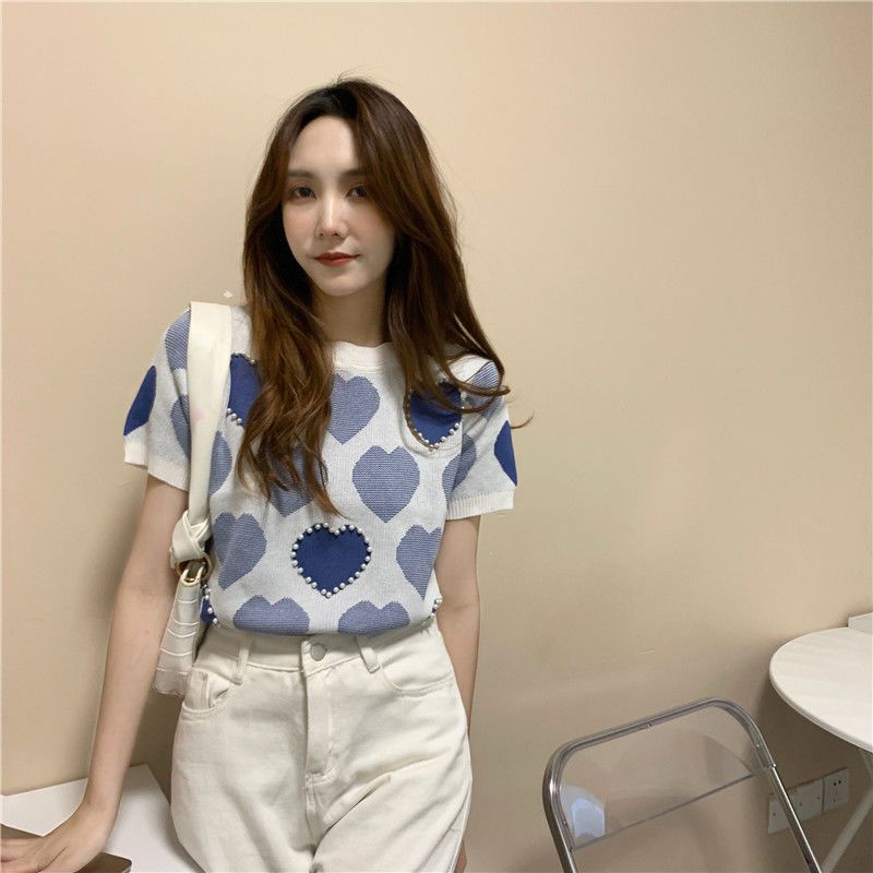 

Трикотажная блузка Ice Silk с короткими рукавами для женщин, летняя, тонкая, нишевая, французская, нежная, в стиле лоферов, верхняя одежда L синий