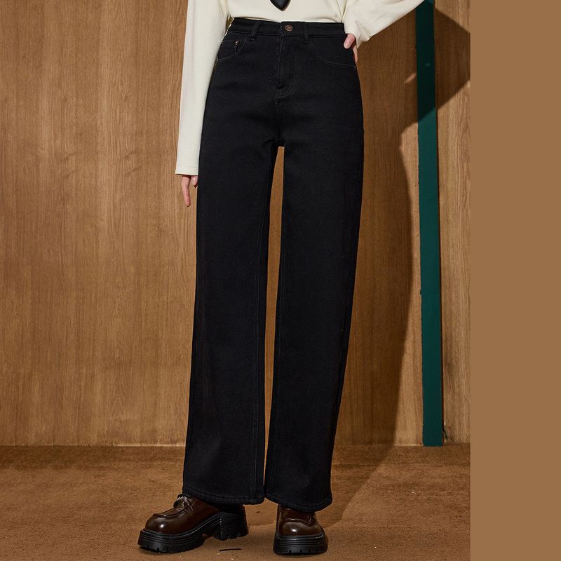 Coolhut Narrow Wide-Leg High-Waisted Slimming Thickened Warm Straight-Leg Washed Winter Women's Jeans Trousers