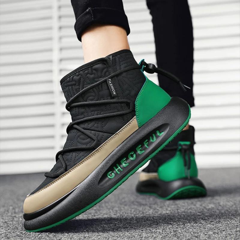 High Top Sneakers Men Winter Plush Snow Boots Fashion Casual Microfiber Leather Down Upper Height Increased Platform Board Shoes