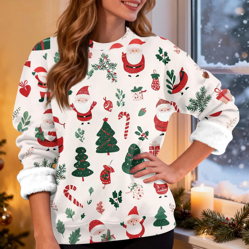 Women's Fashion Casual Long Sleeve Christmas Printed Round Neck Top Sweatshirt