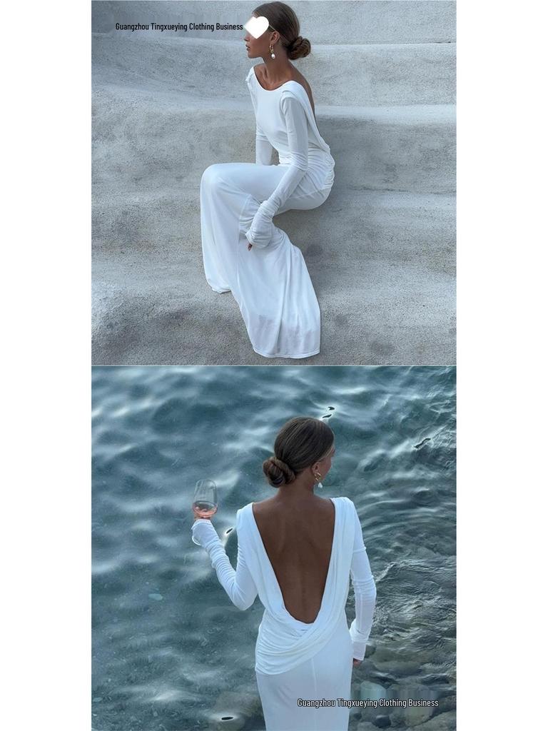 Elegant European & American Women's Backless Long Sleeve Evening Gown - Autumn/Winter Collection