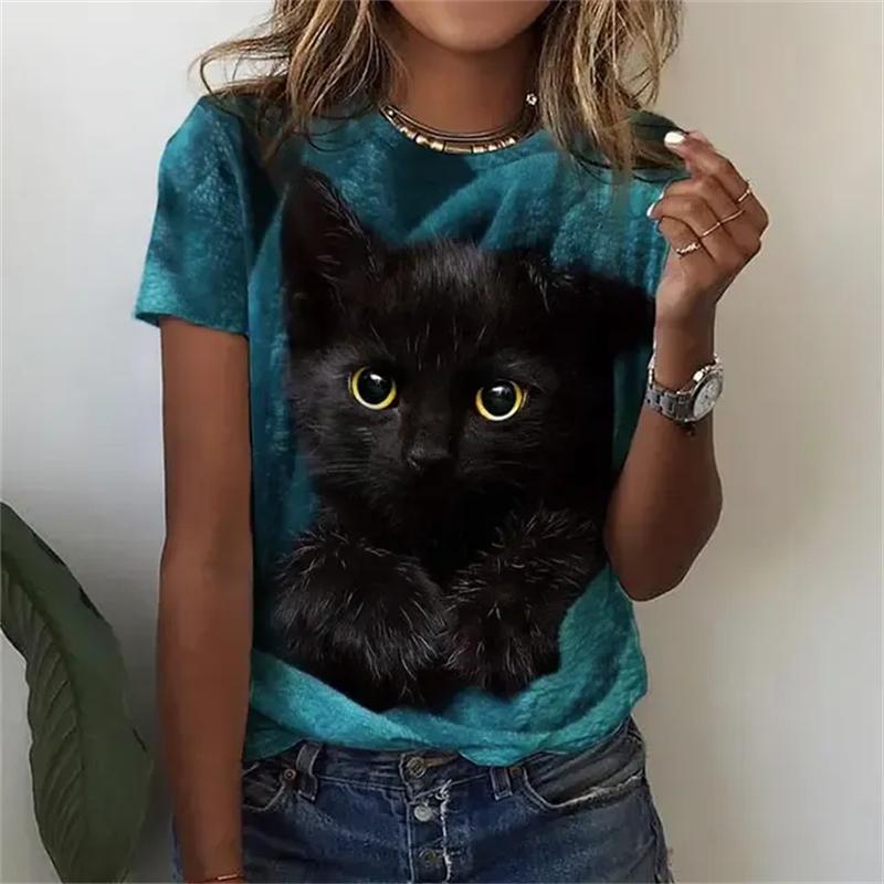 Women's T Shirts Funny 3D Kawaii Cat Print T-Shirts Fashion O-neck Short Sleeve Top Oversized Female Y2k Clothing Cute Girl Tees
