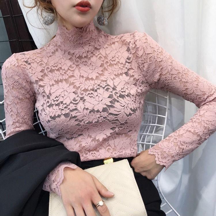 Autumn Spring Sexy Women Long Sleeve Lace Blouses High Collar Inner Wear Lace Crochet Shirt Base Tunic Top Perspective Vintage Bottom Blouse