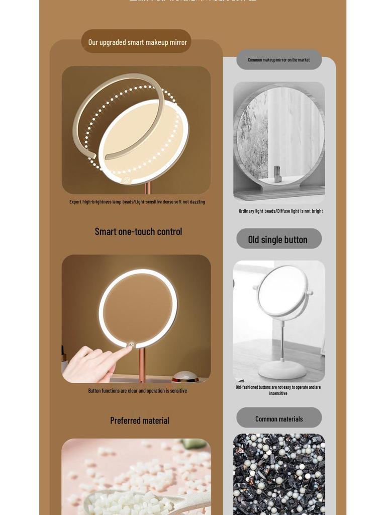 Rechargeable LED Vanity Mirror with Lights - Light Luxury Dorm Desktop Makeup Mirror
