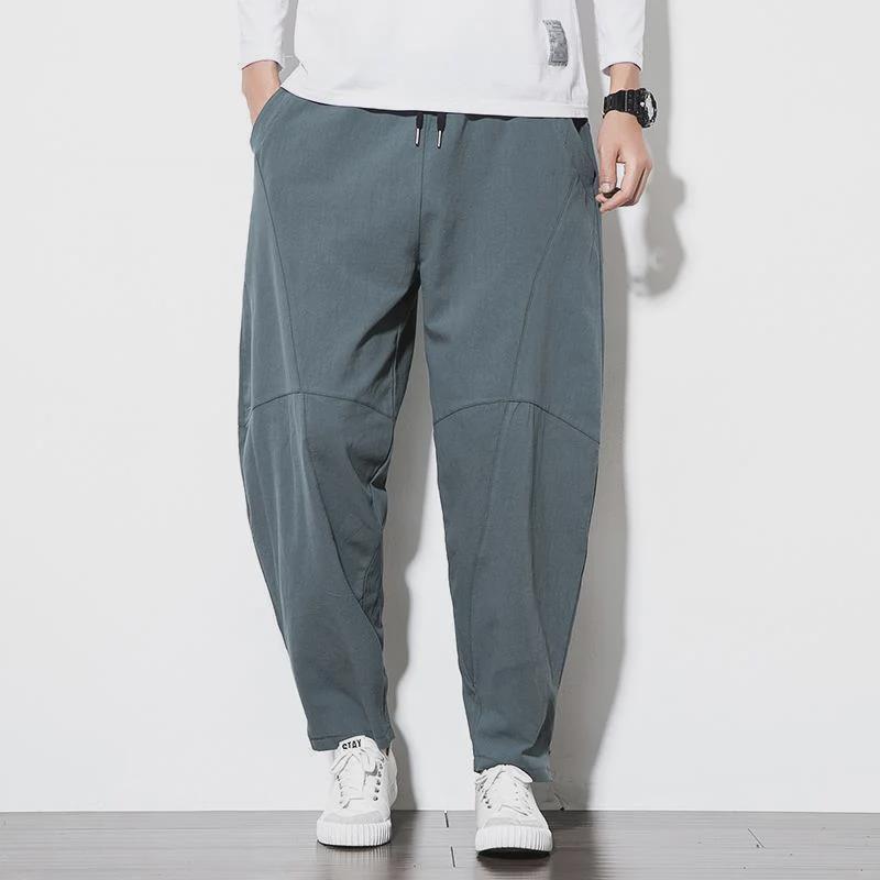 Men's Large Linen Trousers - Loose Fit, Casual Harem Style, Carrot Pants with Low Crotch, Cotton Blend.