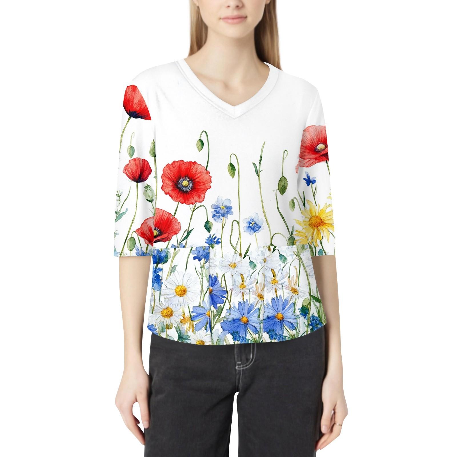 

Модная женская рабочая одежда с v-образным вырезом и рукавами 3/4, свободные топы с карманами и принтом XXL белый