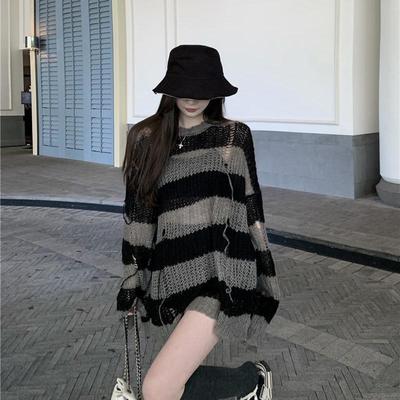 Y2K gotický pruhovaný pletený svetr dámské Harajuku Punk oversized svetr Vintage dutý volný svetr topy grunge