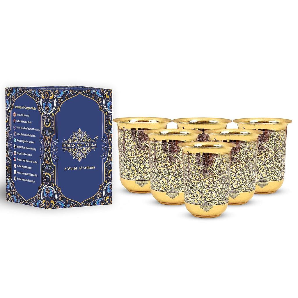 Reiner Messingbecher mit floralem Rankendesign, zum Trinken Servieren von Wasser, Yoga & Ayurveda,