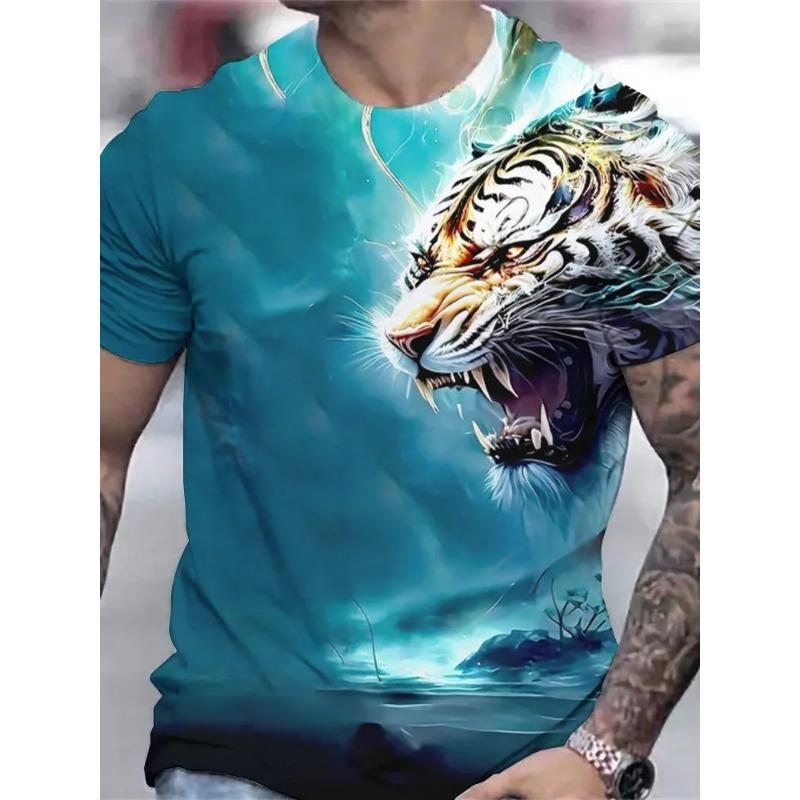 Summer Round Neck 3D Tiger Print Top Fashionable Casual Short Sleeved Men's T-shirts