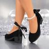 Retro Suede Black Mary Jane Shoes Women 2025 Summer Elegant Ankle Pearl Chain Medium Heel Pumps Luxury Bowknot Party Dress Pumps