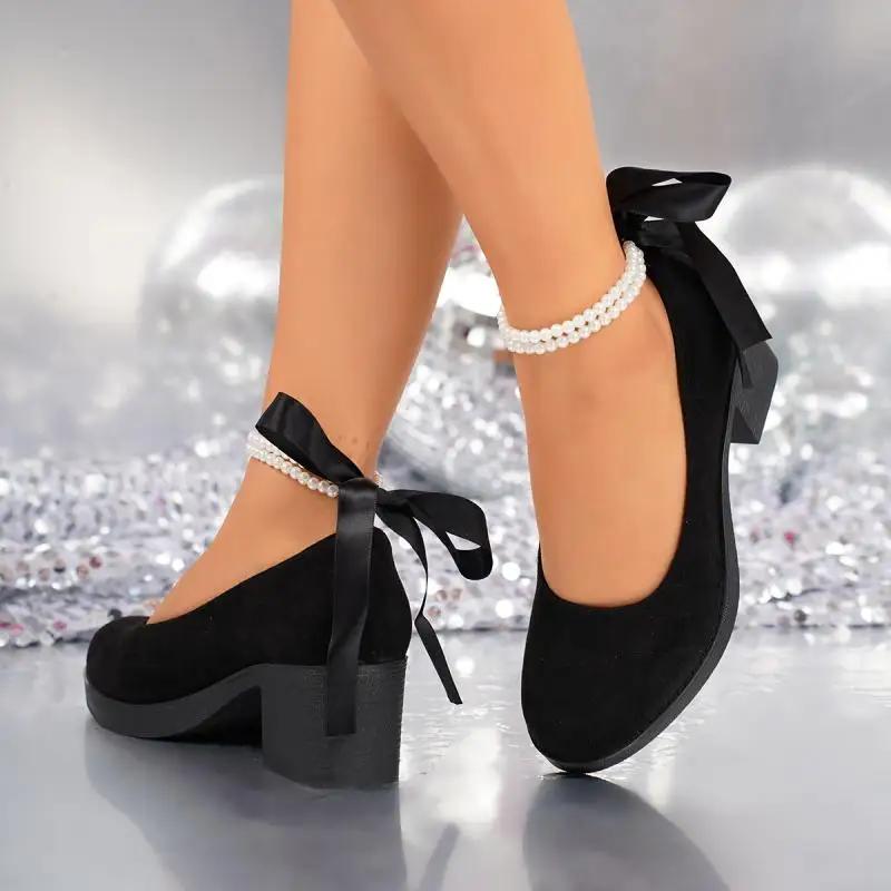 Retro Suede Black Mary Jane Shoes Women 2025 Summer Elegant Ankle Pearl Chain Medium Heel Pumps Luxury Bowknot Party Dress Pumps