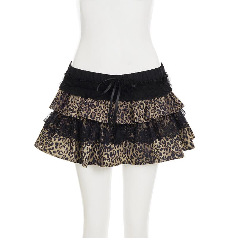 Leopard Print Lace Patchwork Y2K Skirt - European & American Sexy Slim Fit