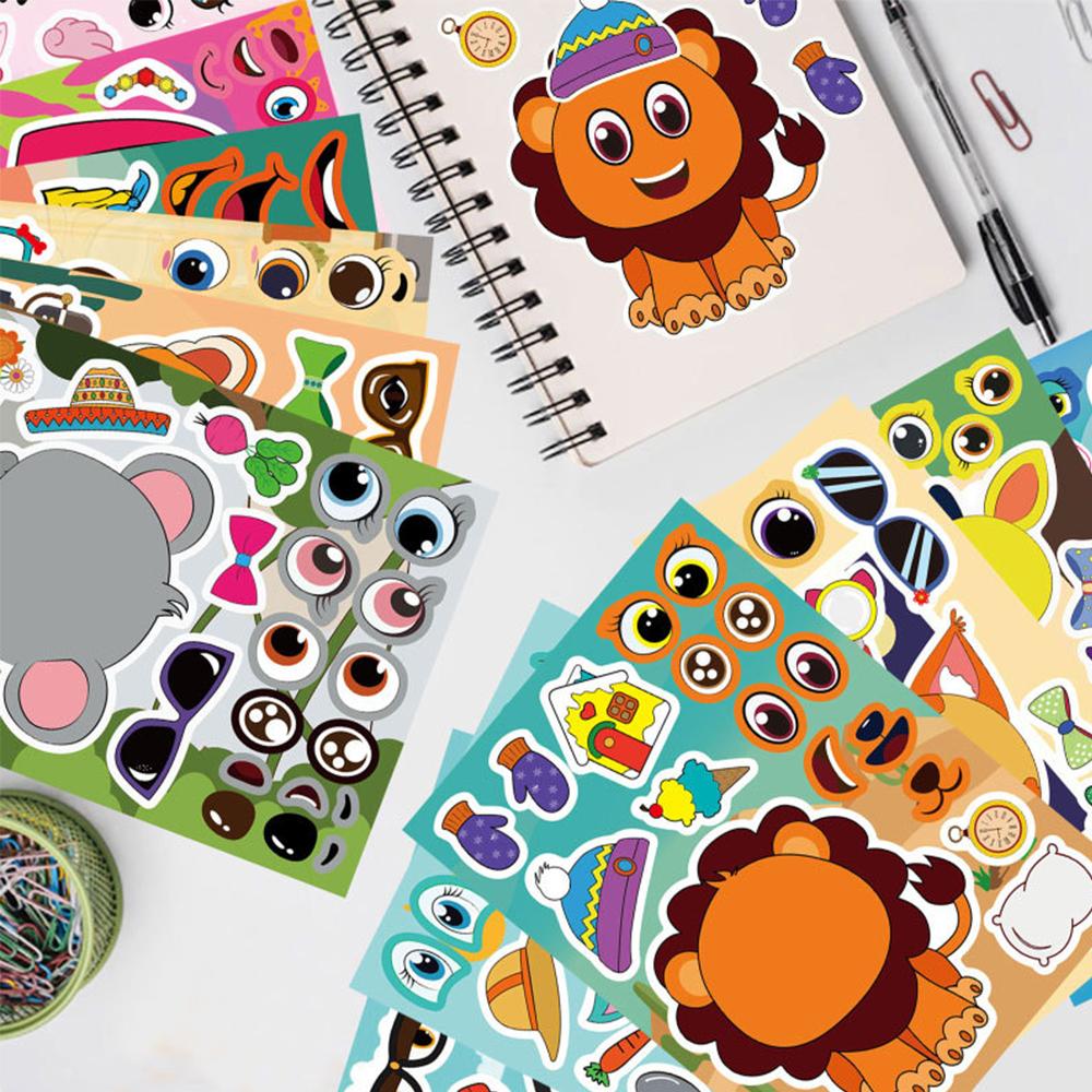 6/12sheets Mixed Cute Animals Cartoon Puzzle Stickers Funny Make a Face Party Game Assemble Jigsaw Decals Toys Gifts