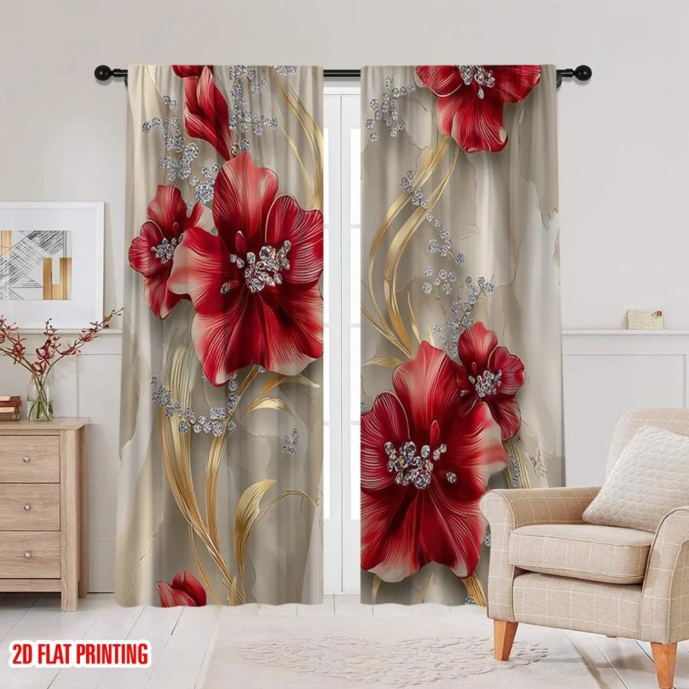 Flat Printing Drapes Red Floral Seal Digital Printed Polyester Holiday Decorations Use Event Curtain Set Of 2 Elegant Made Washable