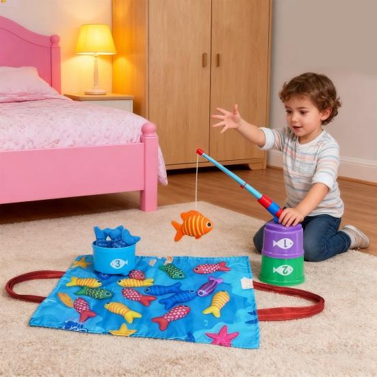 Montessori Fishing Toy for Toddlers Soft Fabric Play Mat with Fish & Stacking Buckets Early Learning Educational Game for Babies 1-3 Years Old