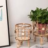 Hollow Flower Stand Hand-woven Imitation Rattan Plant Tripod Stand Pastoral Flower Baskets Stand Balcony Planter With Wooden Leg