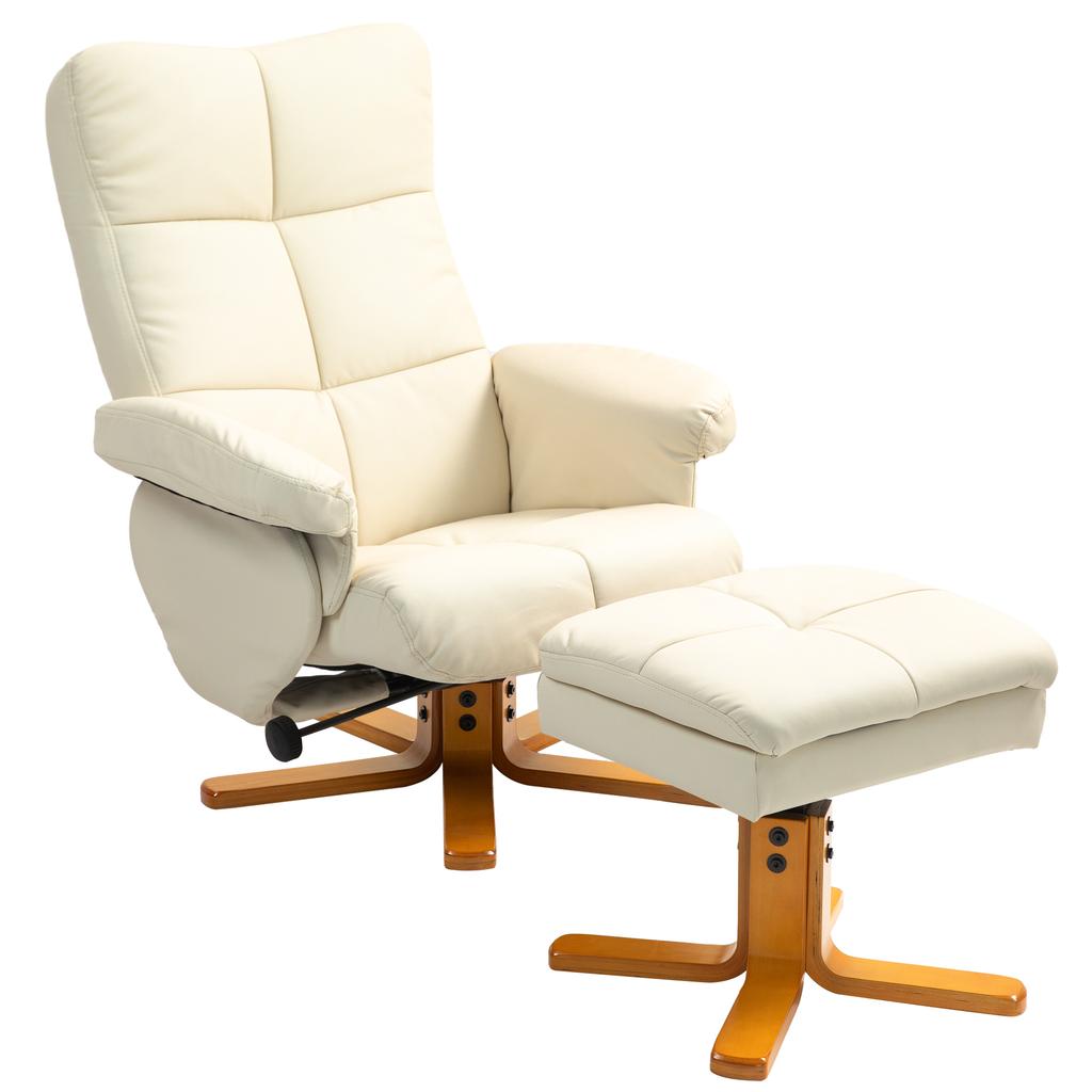 Recliner with Ottoman, 145 Degrees Reclining Backrest, 360 Degrees Swivel, Faux Leather, Cream White