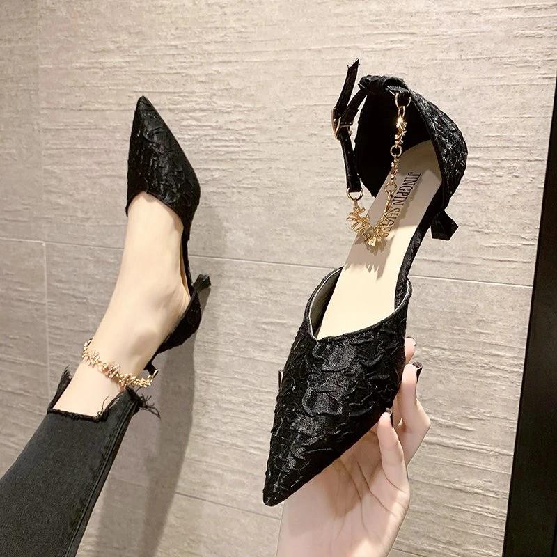 Women's Sandals Pointed Tip Buckle Side Cutout High Heels Women Sexy Solid Color Anti-slip Leisure Sandalias De Mujer