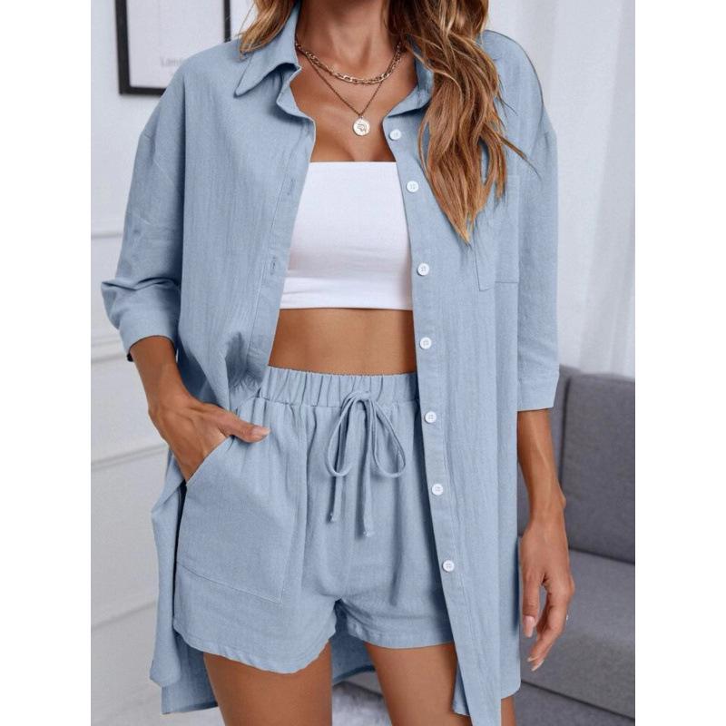 2023 Spring Women's Casual Patchwork Cotton Linen Two-Piece Set with Seven-Sleeves