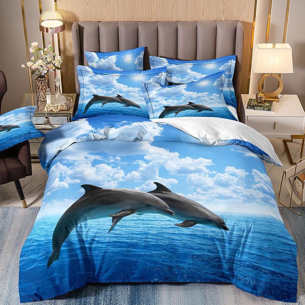 3D-gedruckte Heimtextilien Bettwäsche Delfin Meeresschildkröte Meerestier Quilt-Set Dreiteiliges Set