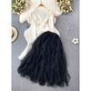 K-style Contrast Color Square Collar Bubble Skirt Fashion Suit